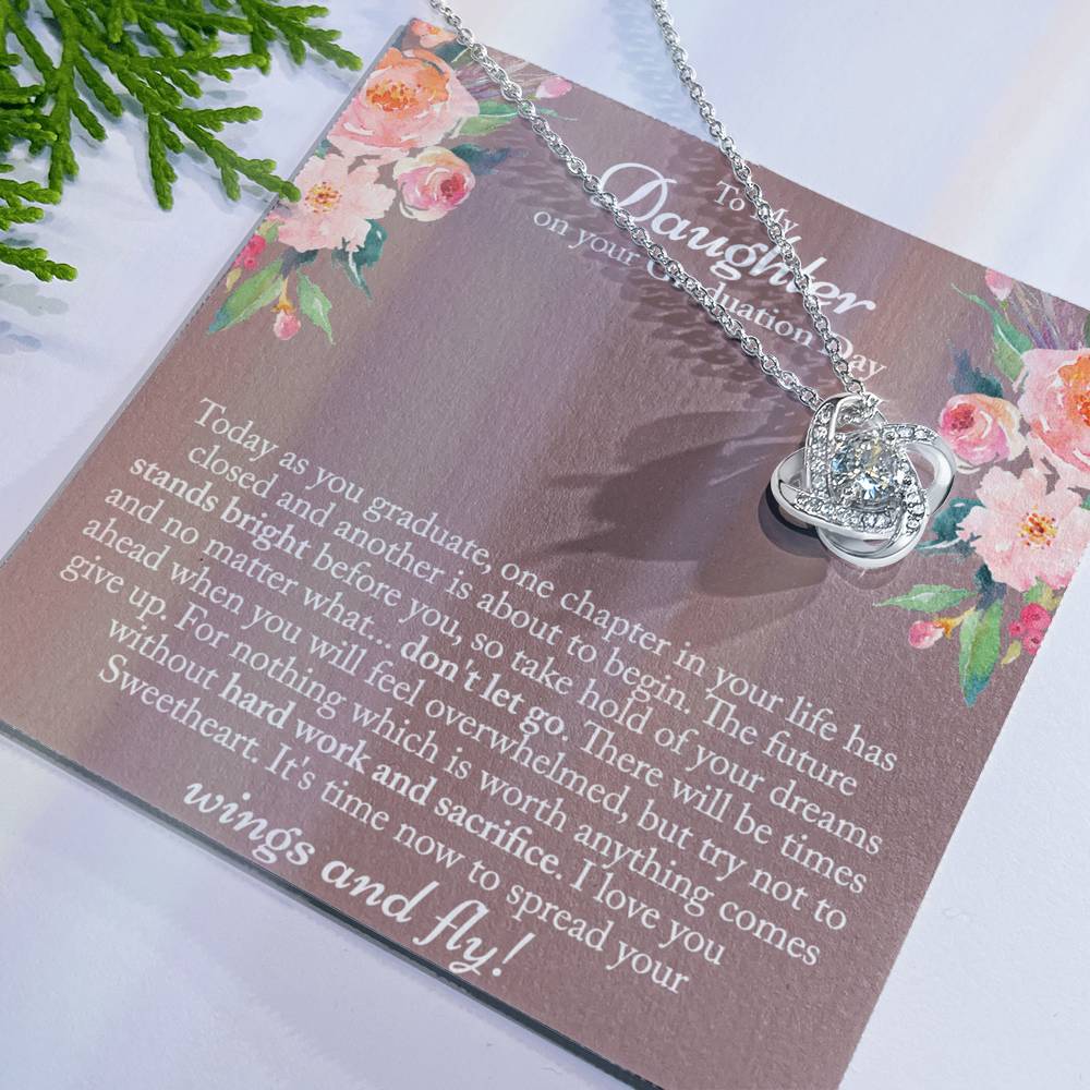 Graduation Day Gift Necklace, To My Daughter Love Knot Necklace From Mom Or Dad, Mother And Daughter Jewelry Gift For Girls, Little Girl Love Knot Pendant, Daughter On Your Graduation Day Necklace