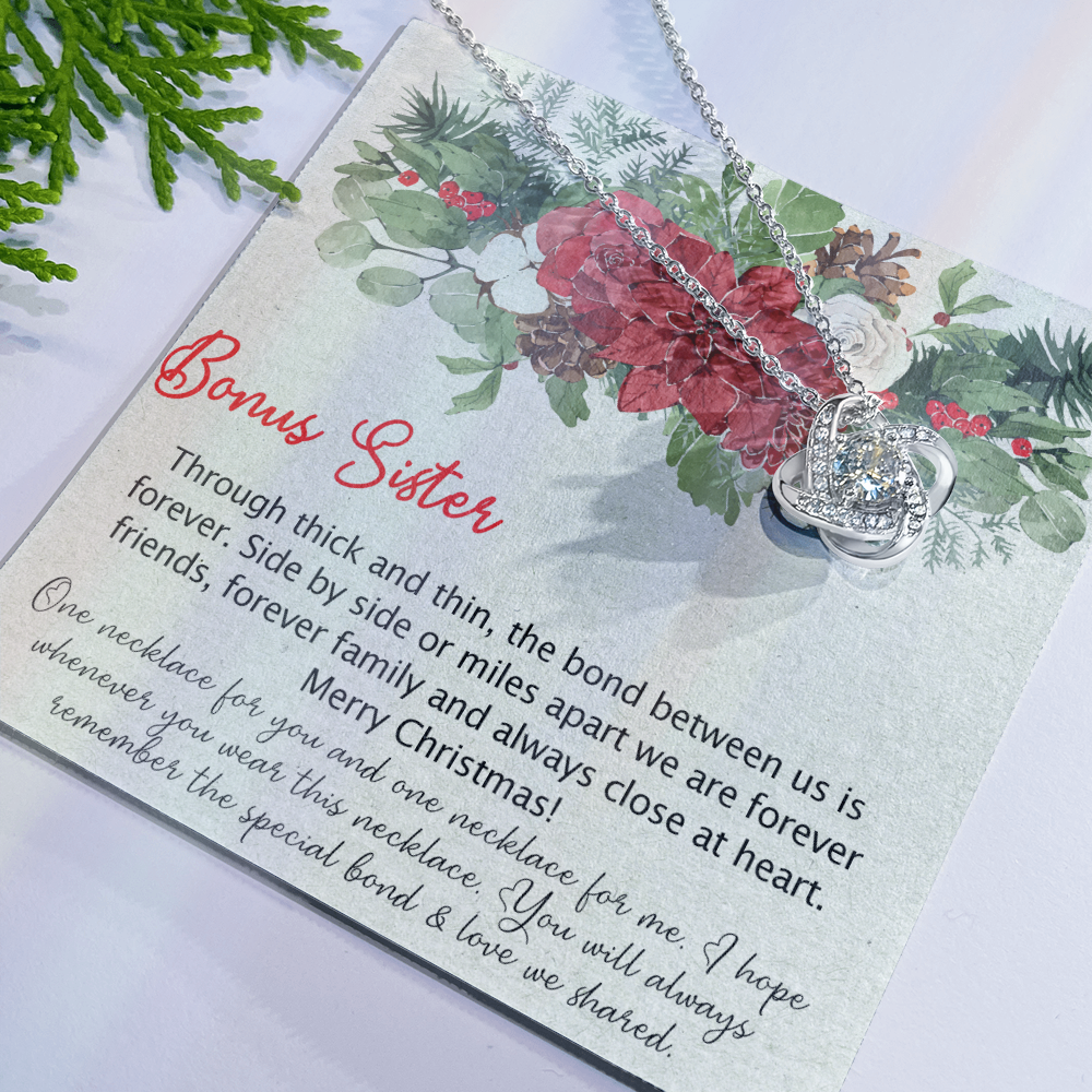 To my Bonus Sister Love Knot Necklace Pendant for Sister in law, Gift Necklace for Sister-in-Law Christmas Sister of the Groom Xmas Necklace for Future Sister in Law Gift Jewelry Gift for Girls Her