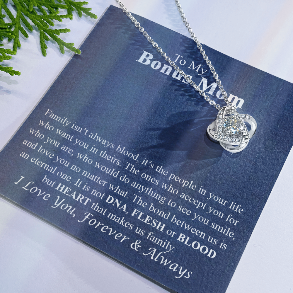 To My Bonus Mom Necklace From Bonus Daughter, Bonus Mom Gift Necklace, Bonus Mother Jewelry For Women, Necklace Gift For Mom On Mothers Day, Anniversary, Birthday Gift Love Knot Pendant For Her