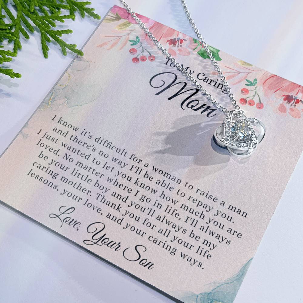 To My Caring Mom Necklace, Mom Love Knot Necklace From Son And Mother Necklace Birthday Gift Necklace For Mom Caring Mom Gift Necklace Anniversary Necklace Gift For Mom, Jewelry Gift For Women