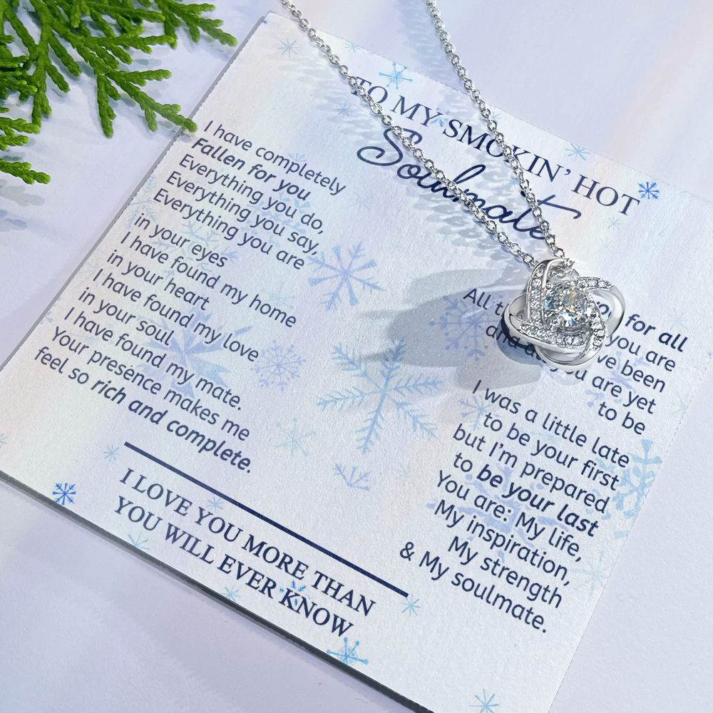 14k White Gold To My Soulmate Necklace Gift From Husband, Boyfriend For Her, Soulmate Gift Necklace for Wife, Smokin's Hot Soulmate Pendant Beautiful To My Wife Love Knot Pendant Necklace Gift