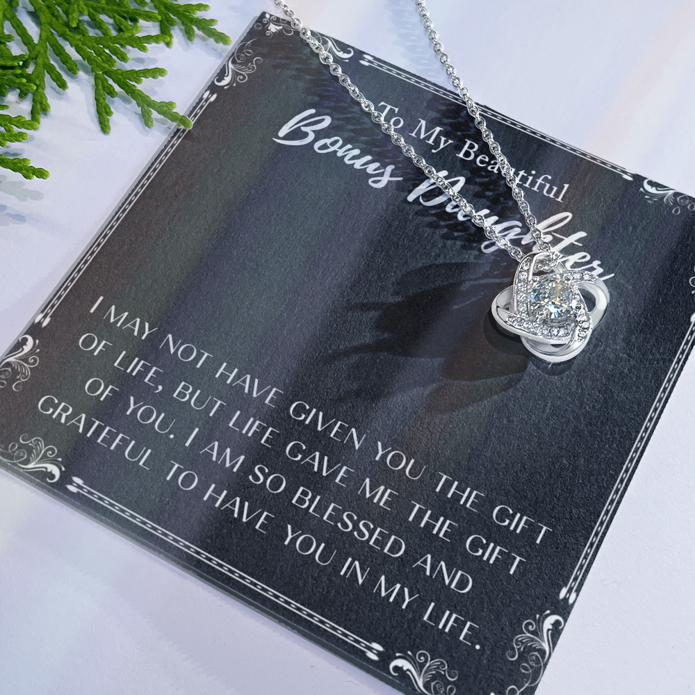 Personalized Gift Necklace To My Bonus Daughter Love Knot Necklace From Mom And Dad, Step Daughter Gift Pendant, Adopted Daughter, Daughter In Law, Daughter Jewelry Gift For Girls, Little Girls