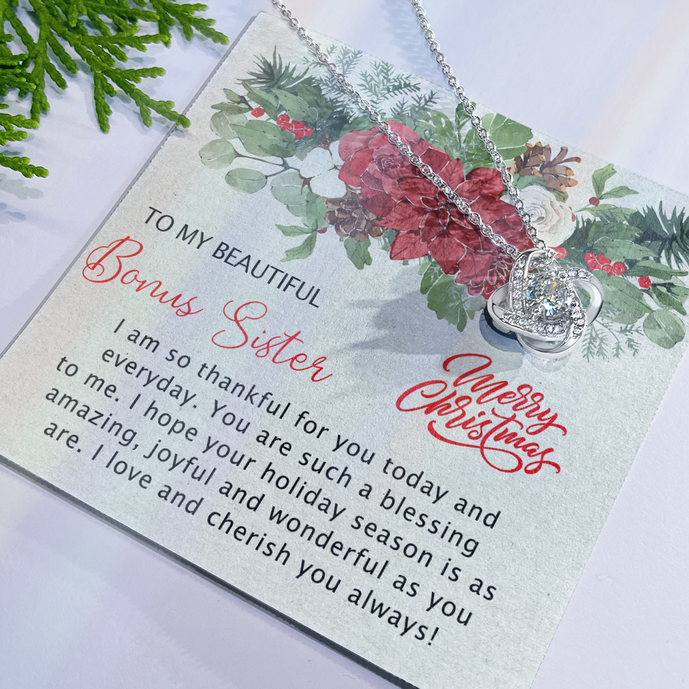 To My Beautiful Bonus Sister Love Knot Necklace From Brother, Best Friend Necklace Gift for Sisters Christmas Necklace for Stepsister Half-sister Pendant Bonus Sister Jewelry Gift for Her Girls