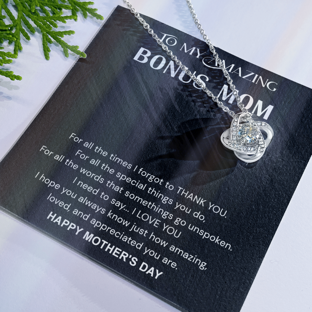 To My Amazing Bonus Mom Necklace From Bonus Daughter, Happy Mother's Day Necklace Gift For Her, Bonus Mom Gift Necklace, Jewelry For Women, Bonus Mother,  Love Knot Pendant For Mom On Mothers Day