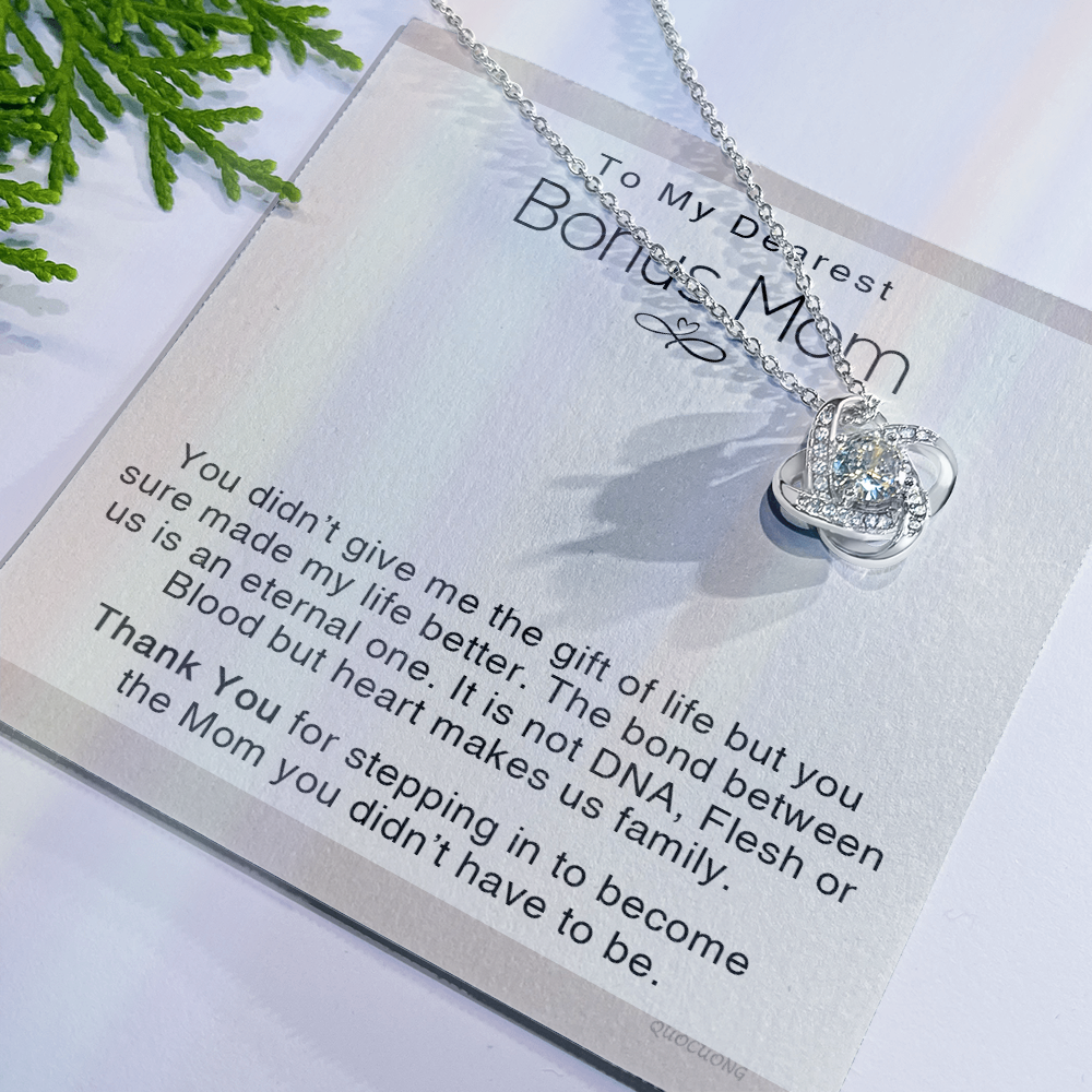 To My Dearest Bonus Mom Necklace From Bonus Daughter, Makes us Family Gift Necklace For Bonus Mom On Mother's Day, Birthday Gift Anniversary, Love Knot Pendant Gift For Bonus Mom, Dearest Mom
