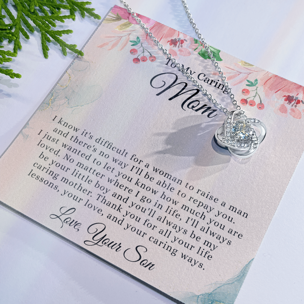 To My Caring Mom Necklace From Son, Love Knot Necklace Gift For Mom On Birthday Gift Anniversary Mother's Day Necklace For Mom, Caring Mom, New Mom Gift Necklace Gift For Her, Jewelry Gift For Women