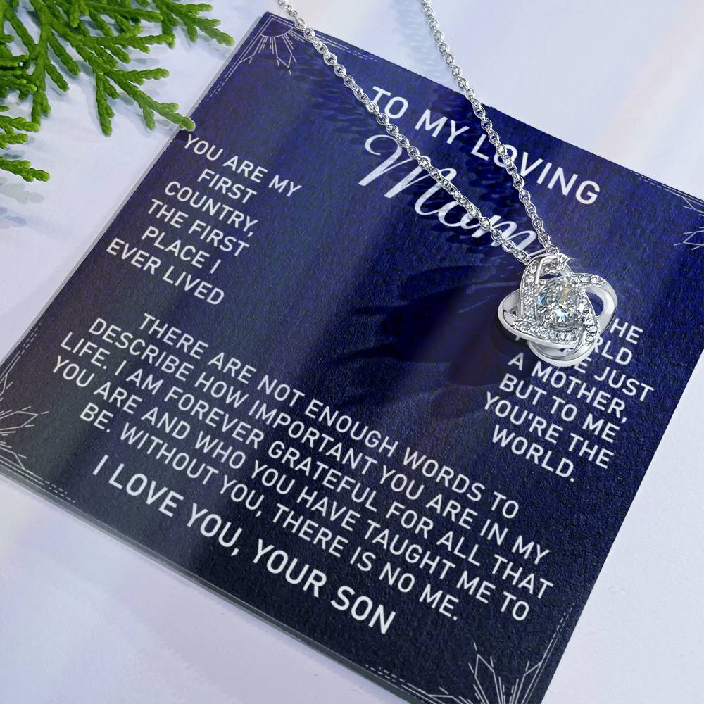 Loving Mom Gift Necklace, Mother's Day Jewelry Gift For Mom, To My Loving Mom Love Knot Necklace Gift for Mom, Birthday Gift Anniversary Mother And Son Gift Pendant, To My Mom Necklace from Son Love Knot Necklace 6323
