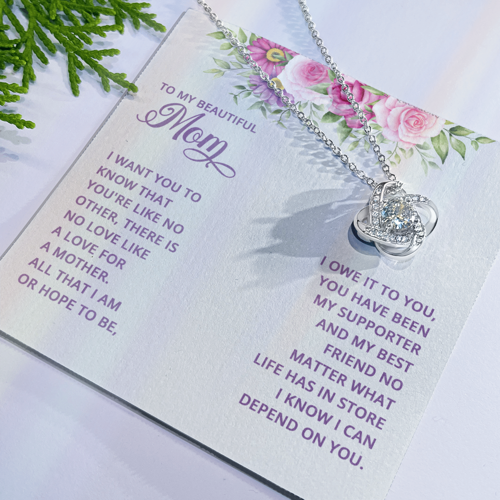 Happy Mother's Day Necklace, To My Beautiful Mom Necklace From Daughter, Mother And Daughter Gift Necklace On Mothers Day, Anniversary, Birthday Jewelry For Women Love Knot Pendant Gift For Mom