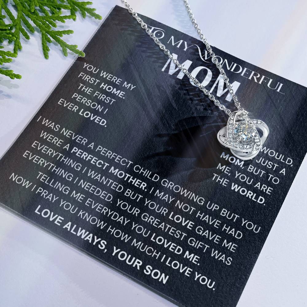 Wonderful Mom Gift Necklace, To My Wonderful Mom Love Knot Necklace From Son Never A Perfect Child Necklace Gift For Mom Son And Mother Love Knot Pendant Birthday Gift For Mom Jewelry Gift For Women
