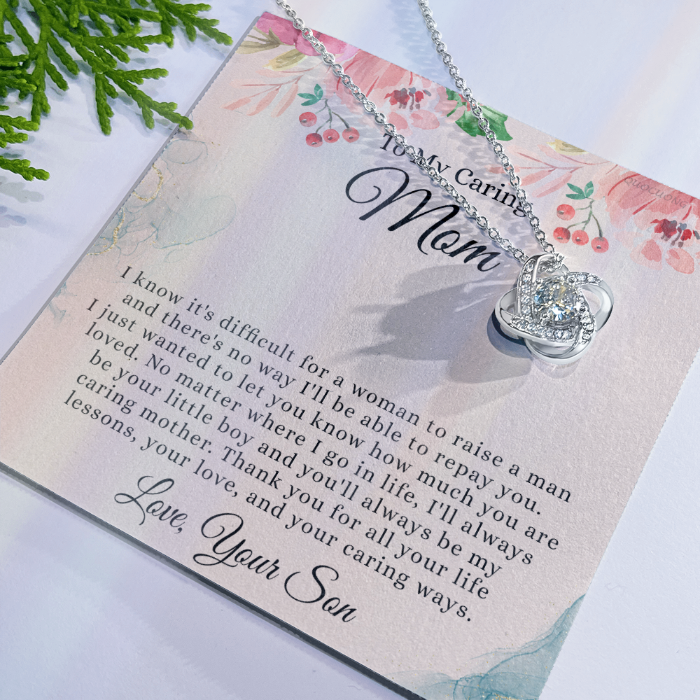 To My Caring Mom Necklace From Son, Love Knot Necklace Gift For Mom On Birthday Gift Anniversary Mother's Day Necklace For Mom, Caring Mom, New Mom Gift Necklace Gift For Her, Jewelry Gift For Women