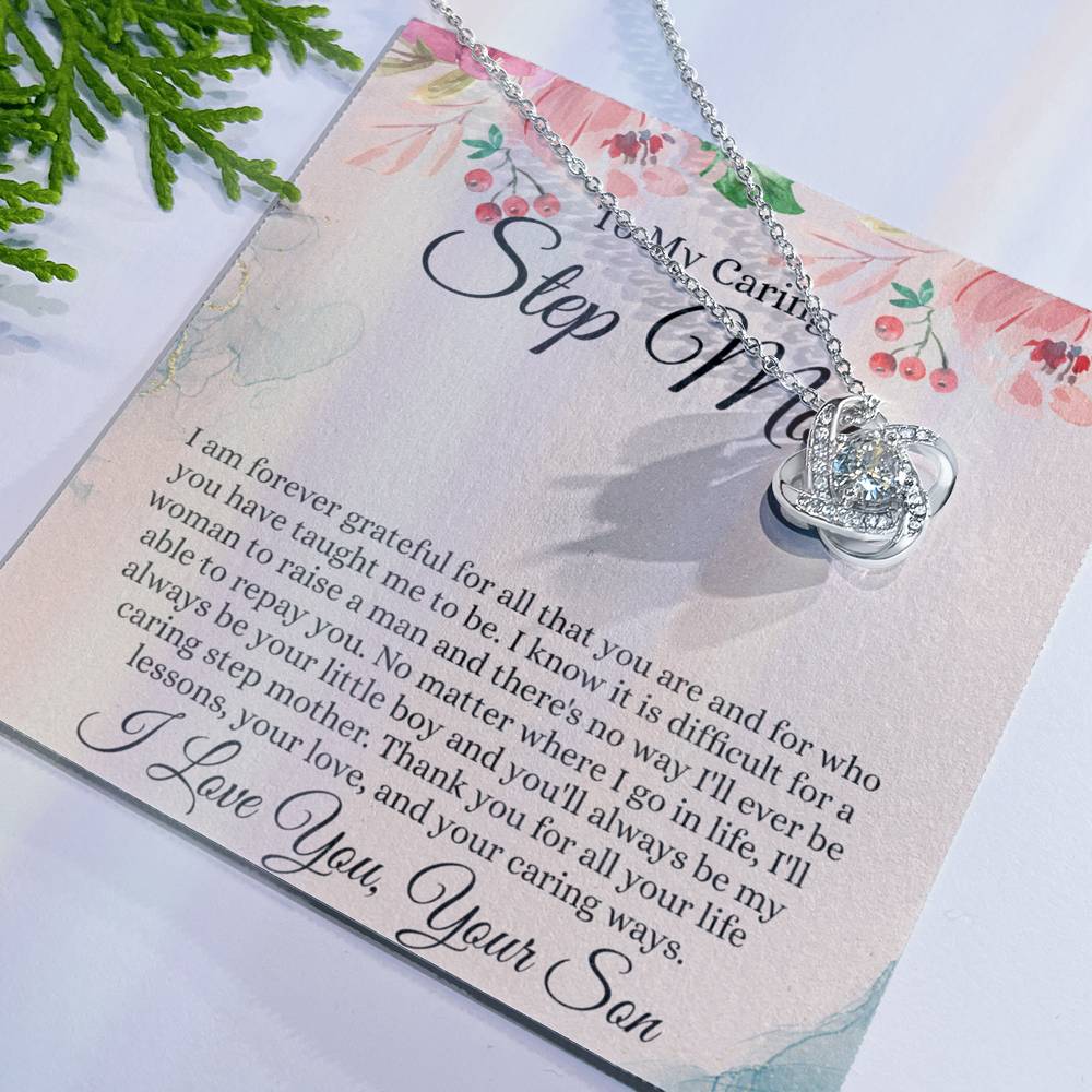 Step Mom Gift Necklace, To My Caring Step Mom Love Knot Necklace From Son, Grateful For All Necklace Gift For Step Mom, Jewelry Gift For Women, Step Mom Pendant, Birthday Gift Necklace For Step Mom Love Knot Necklace 6323
