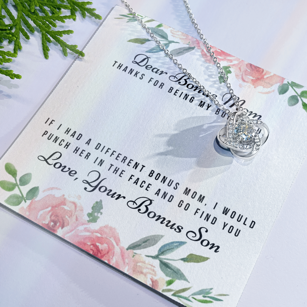 Thank For Being My Bonus Mom Necklace, To My Bonus Mom Necklace From Bonus Son, Gift Necklace For Bonus Son On Mother's Day, Anniversary, Birthday Gift, Bonus Mom And Bonus Son Love Knot Pendant