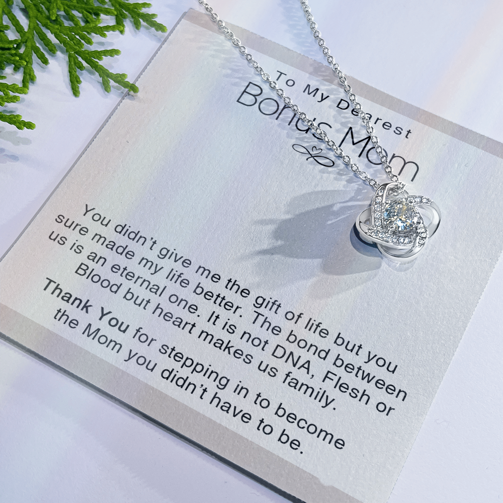 To My Dearest Bonus Mom Necklace From Bonus Daughter, Makes us Family Gift Necklace For Bonus Mom On Mother's Day, Birthday Gift Anniversary, Love Knot Pendant Gift For Bonus Mom, Dearest Mom