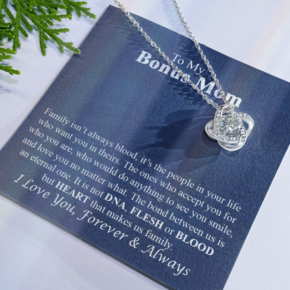 To My Bonus Mom Necklace From Bonus Daughter, Bonus Mom Gift Necklace, Bonus Mother Jewelry For Women, Necklace Gift For Mom On Mothers Day, Anniversary, Birthday Gift Love Knot Pendant For Her