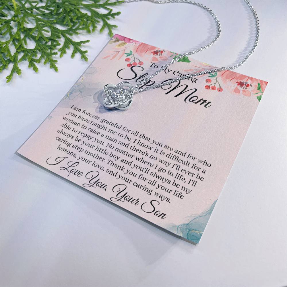 Step Mom Gift Necklace, To My Caring Step Mom Love Knot Necklace From Son, Grateful For All Necklace Gift For Step Mom, Jewelry Gift For Women, Step Mom Pendant, Birthday Gift Necklace For Step Mom Love Knot Necklace 6323