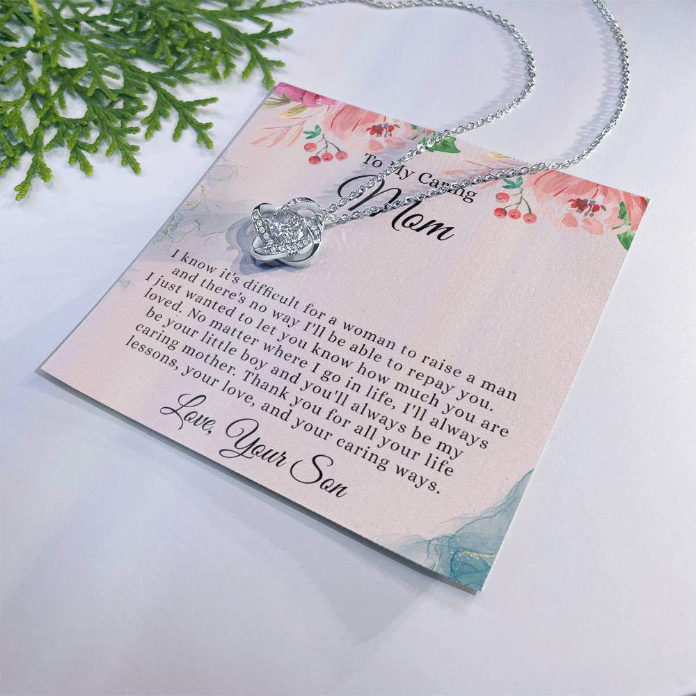 To My Caring Mom Necklace, Mom Love Knot Necklace From Son And Mother Necklace Birthday Gift Necklace For Mom Caring Mom Gift Necklace Anniversary Necklace Gift For Mom, Jewelry Gift For Women