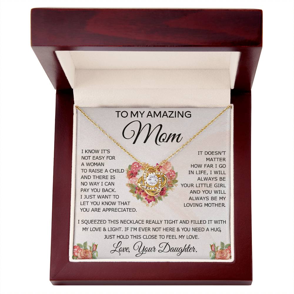 To My Amazing Mom Necklace From Daughter, Love Knot Necklace Gift For Mom, Mother Daughter Gift Necklace On Birthday Christmas Mothers Day, Jewelry Gift For Women With Message Card And Box For Her
