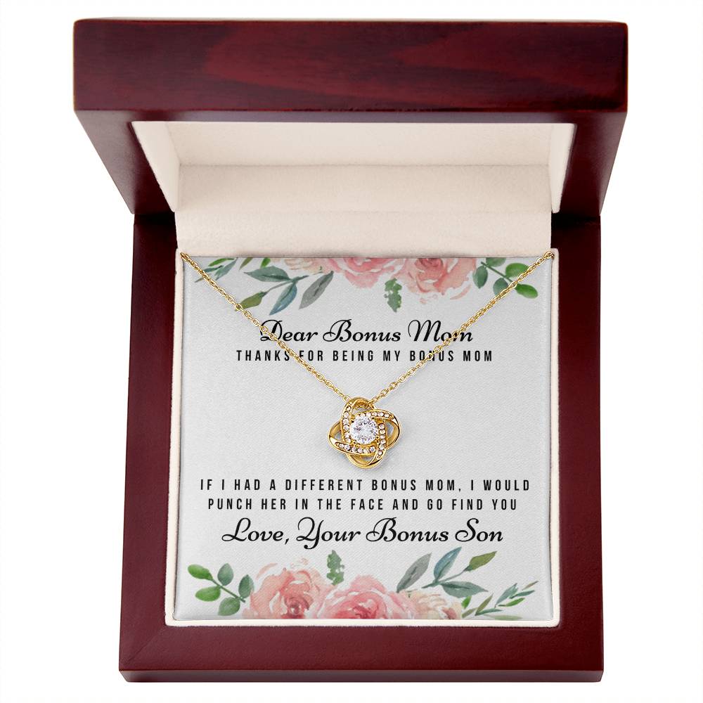 Thank For Being My Bonus Mom Necklace, To My Bonus Mom Necklace From Bonus Son, Gift Necklace For Bonus Son On Mother's Day, Anniversary, Birthday Gift, Bonus Mom And Bonus Son Love Knot Pendant