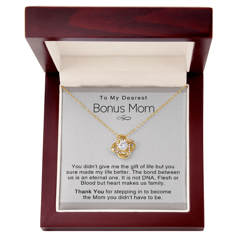 To My Dearest Bonus Mom Necklace From Bonus Daughter, Makes us Family Gift Necklace For Bonus Mom On Mother's Day, Birthday Gift Anniversary, Love Knot Pendant Gift For Bonus Mom, Dearest Mom