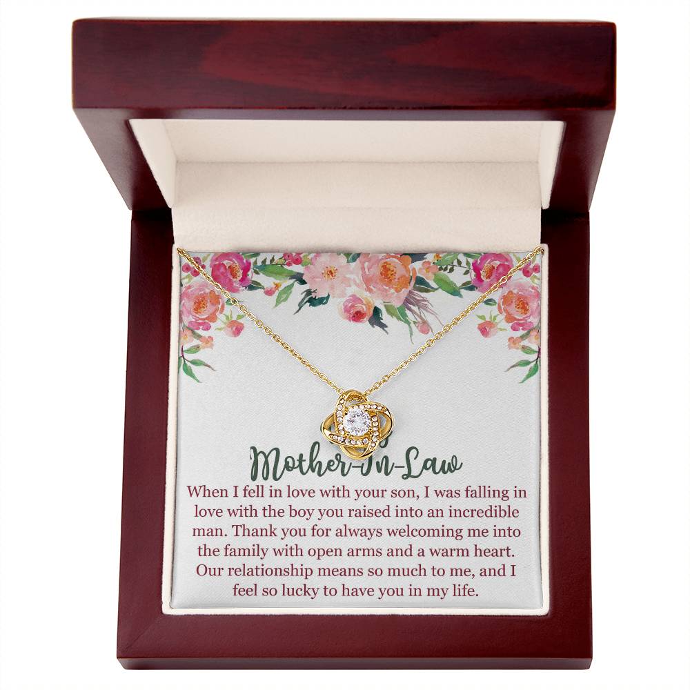 To My Mom In Law Necklace Pendant Gift From Son, Happy Mother's Day Love Knot Pendant For Mom On Birthday, Anniversary Necklace Gift Love With Your Son, Mother In Law Gift Necklace To Son In Law