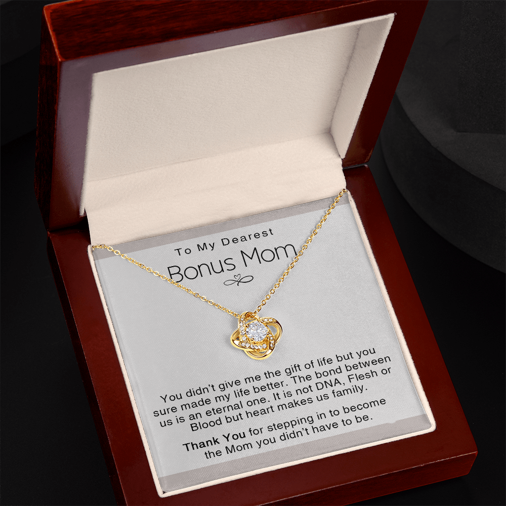 To My Dearest Bonus Mom Necklace From Bonus Daughter, Makes us Family Gift Necklace For Bonus Mom On Mother's Day, Birthday Gift Anniversary, Love Knot Pendant Gift For Bonus Mom, Dearest Mom