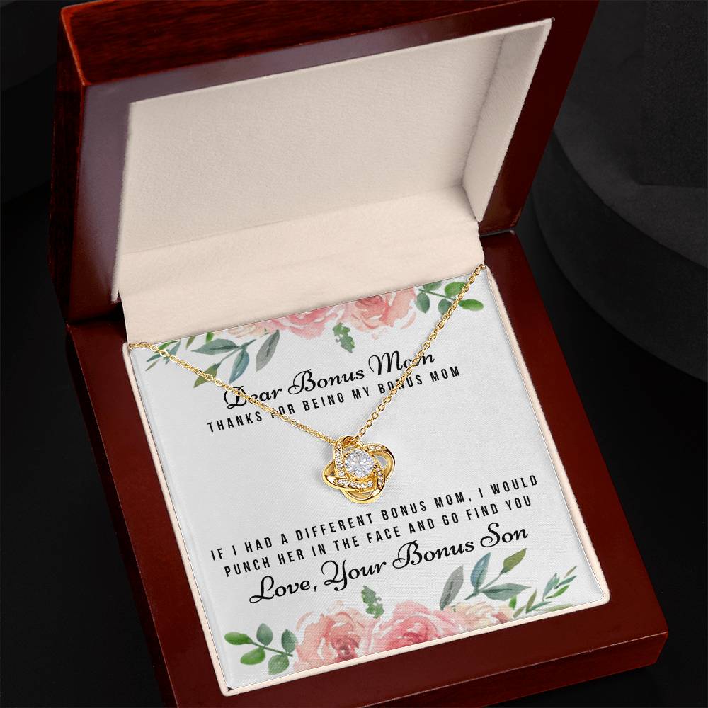Thank For Being My Bonus Mom Necklace, To My Bonus Mom Necklace From Bonus Son, Gift Necklace For Bonus Son On Mother's Day, Anniversary, Birthday Gift, Bonus Mom And Bonus Son Love Knot Pendant