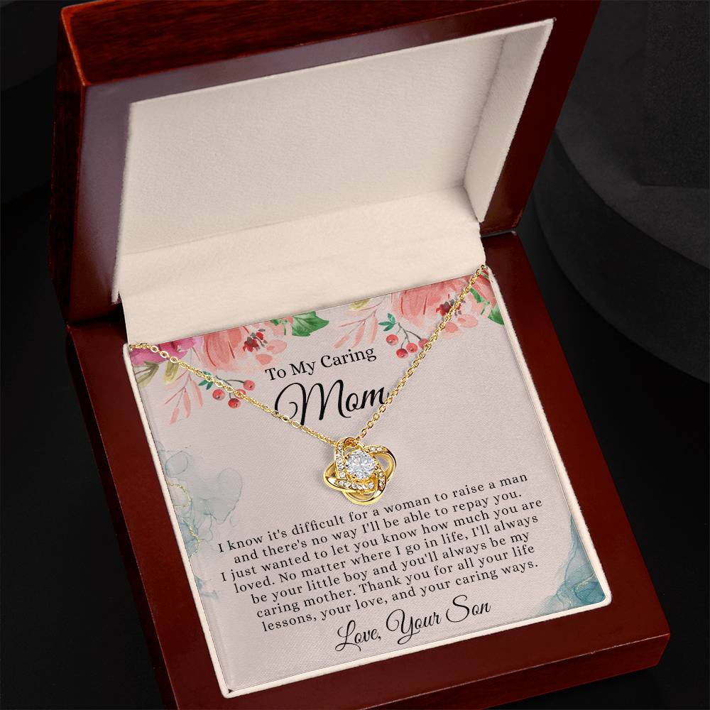 To My Caring Mom Necklace From Son, Love Knot Necklace Gift For Mom On Birthday Gift Anniversary Mother's Day Necklace For Mom, Caring Mom, New Mom Gift Necklace Gift For Her, Jewelry Gift For Women