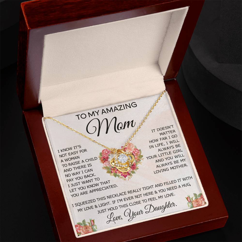 To My Amazing Mom Necklace From Daughter, Love Knot Necklace Gift For Mom, Mother Daughter Gift Necklace On Birthday Christmas Mothers Day, Jewelry Gift For Women With Message Card And Box For Her