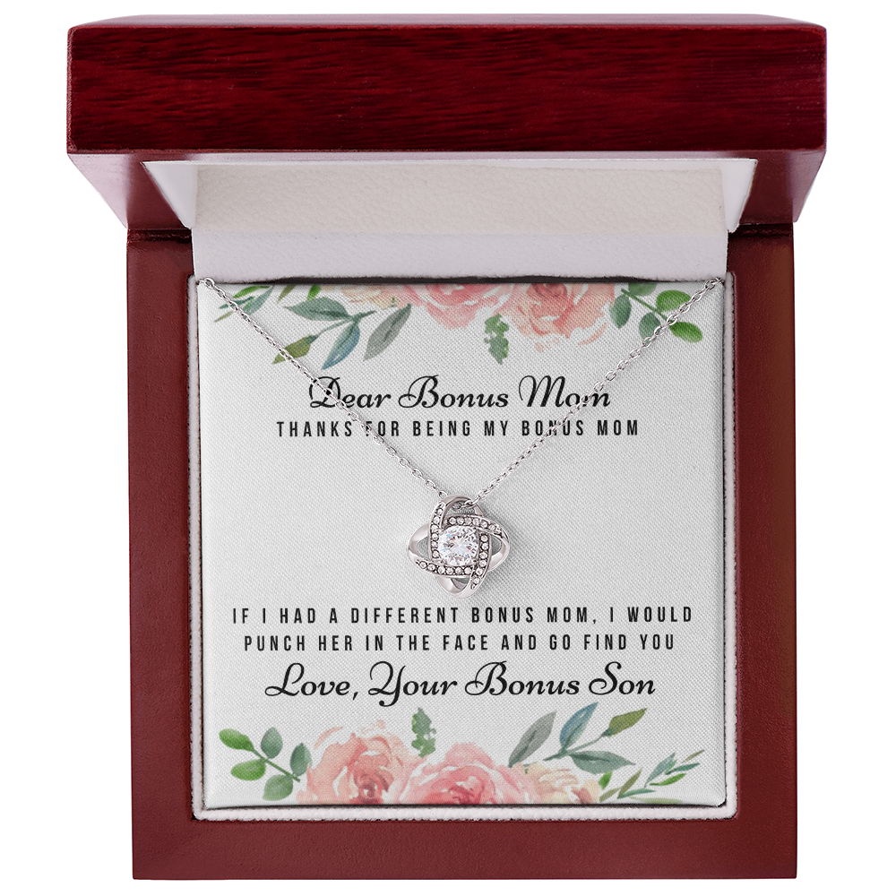 Thank For Being My Bonus Mom Necklace, To My Bonus Mom Necklace From Bonus Son, Gift Necklace For Bonus Son On Mother's Day, Anniversary, Birthday Gift, Bonus Mom And Bonus Son Love Knot Pendant