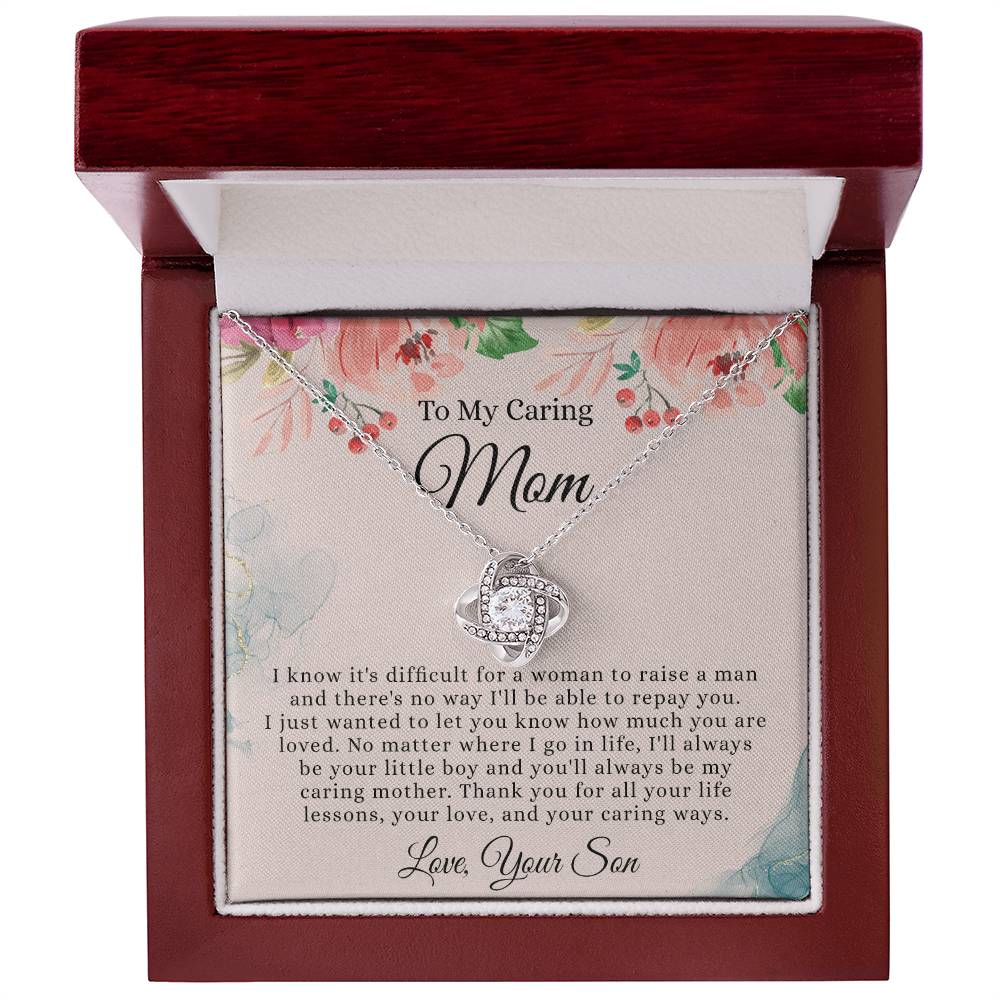 To My Caring Mom Necklace From Son, Love Knot Necklace Gift For Mom On Birthday Gift Anniversary Mother's Day Necklace For Mom, Caring Mom, New Mom Gift Necklace Gift For Her, Jewelry Gift For Women