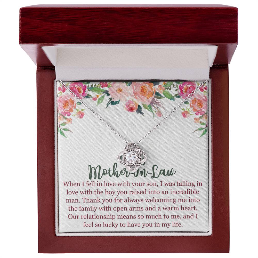 To My Mom In Law Necklace Pendant Gift From Son, Happy Mother's Day Love Knot Pendant For Mom On Birthday, Anniversary Necklace Gift Love With Your Son, Mother In Law Gift Necklace To Son In Law