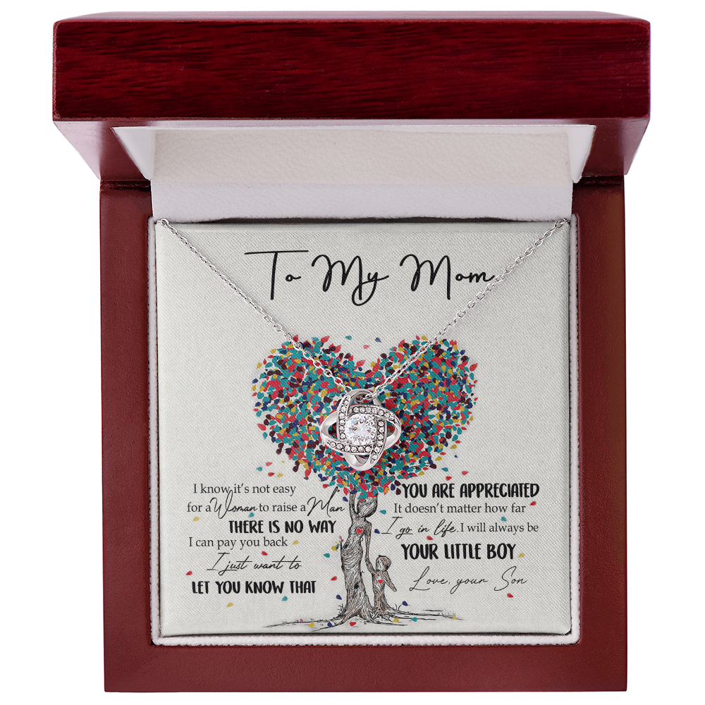 To My Mom Love Knot Necklace From Son, I Know It's Not Eeasy For A Women Necklace, Not Easy Gift Necklace For Mom, Mother And Son Gift Love Knot Pendant, Jewelry Gift For Women, Bonus Mom From Son