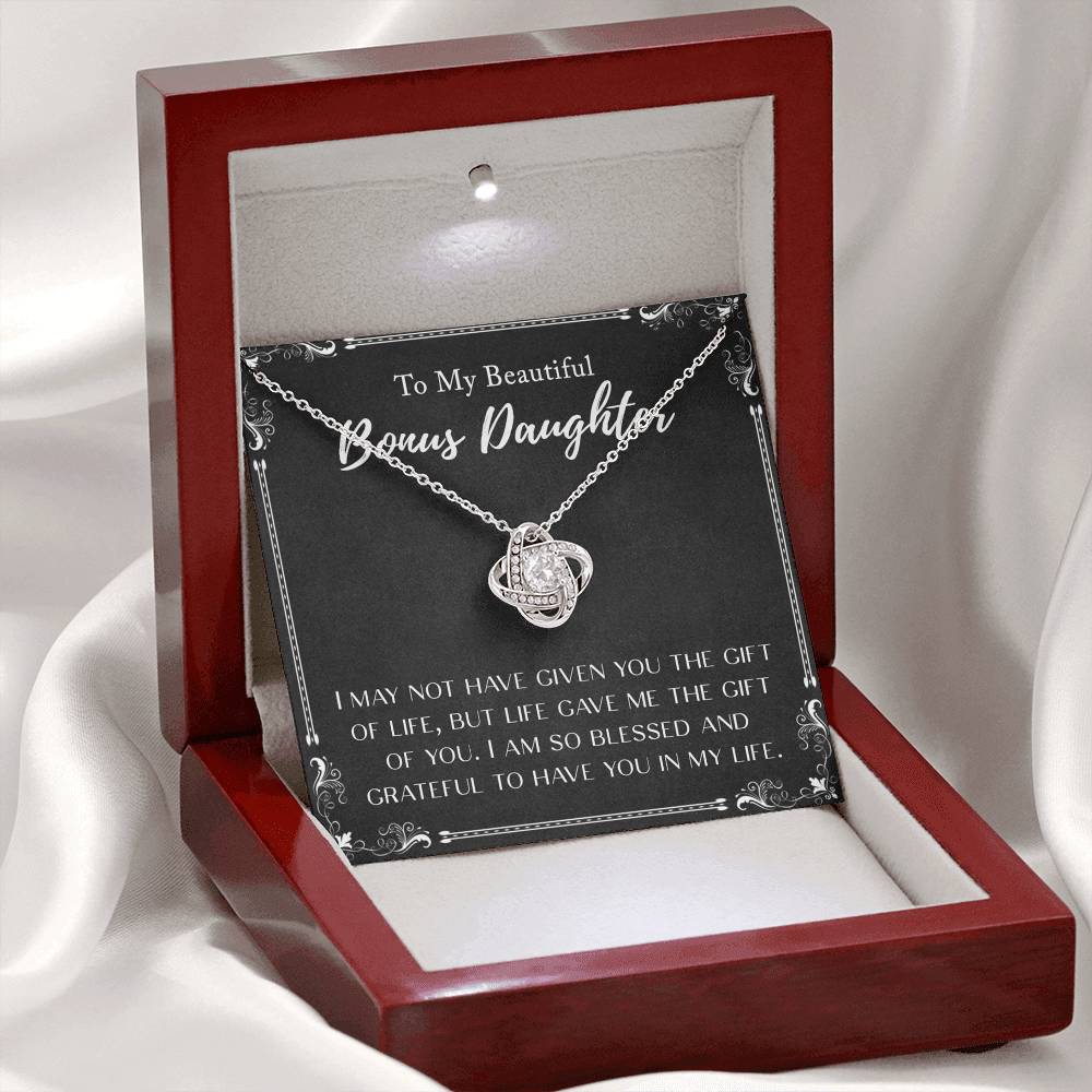 Personalized Gift Necklace To My Bonus Daughter Love Knot Necklace From Mom And Dad, Step Daughter Gift Pendant, Adopted Daughter, Daughter In Law, Daughter Jewelry Gift For Girls, Little Girls