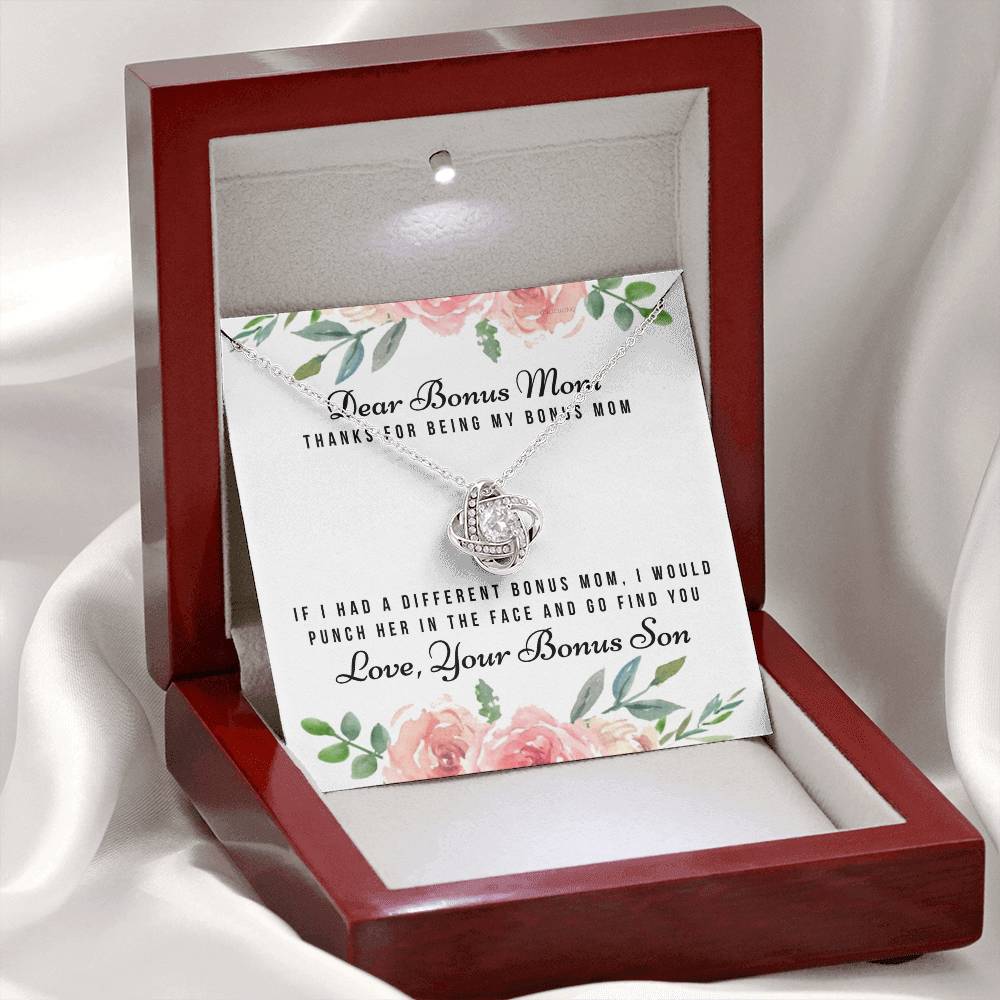 Thank For Being My Bonus Mom Necklace, To My Bonus Mom Necklace From Bonus Son, Gift Necklace For Bonus Son On Mother's Day, Anniversary, Birthday Gift, Bonus Mom And Bonus Son Love Knot Pendant