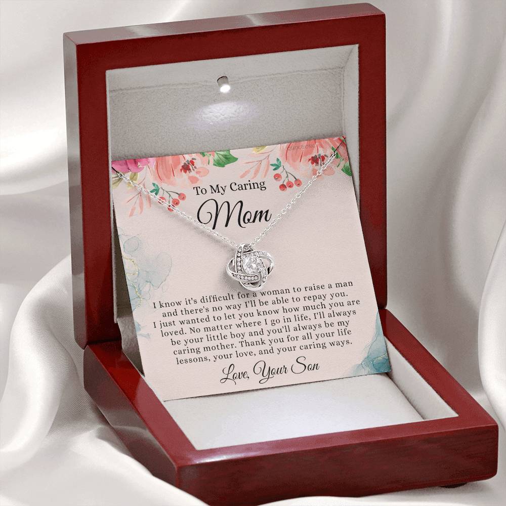 To My Caring Mom Necklace From Son, Love Knot Necklace Gift For Mom On Birthday Gift Anniversary Mother's Day Necklace For Mom, Caring Mom, New Mom Gift Necklace Gift For Her, Jewelry Gift For Women
