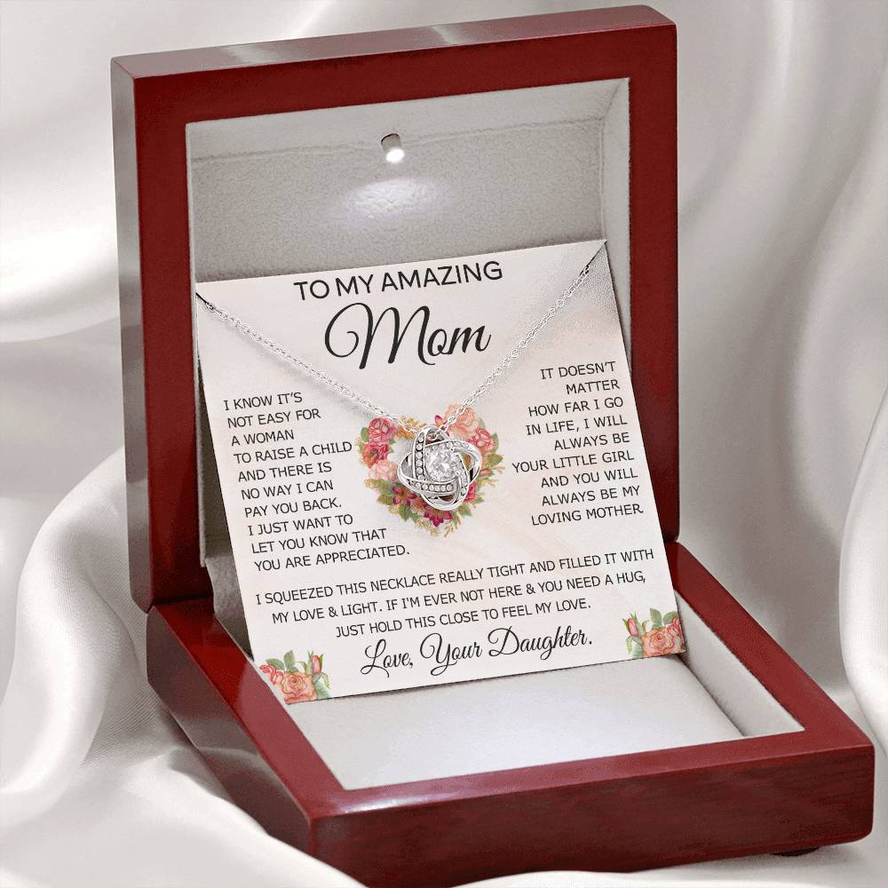 To My Amazing Mom Necklace From Daughter, Love Knot Necklace Gift For Mom, Mother Daughter Gift Necklace On Birthday Christmas Mothers Day, Jewelry Gift For Women With Message Card And Box For Her