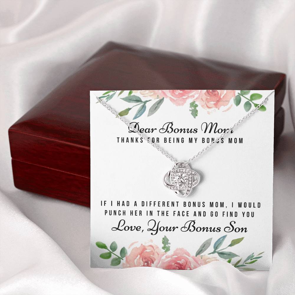 Thank For Being My Bonus Mom Necklace, To My Bonus Mom Necklace From Bonus Son, Gift Necklace For Bonus Son On Mother's Day, Anniversary, Birthday Gift, Bonus Mom And Bonus Son Love Knot Pendant