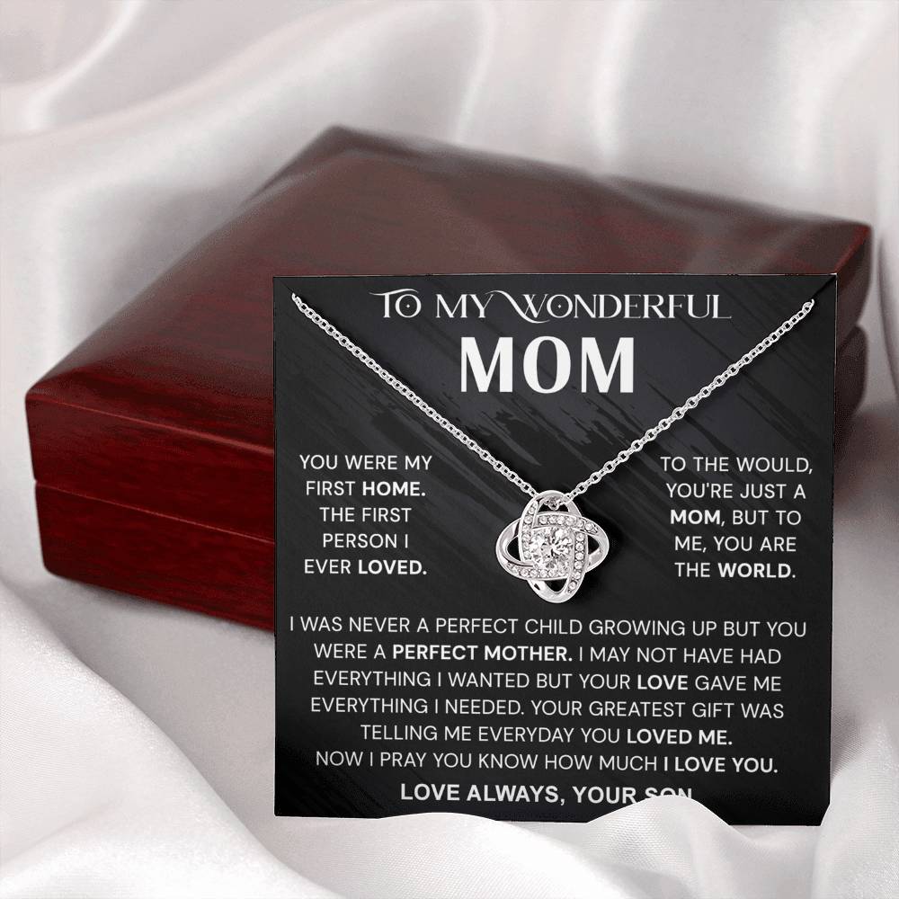 Wonderful Mom Gift Necklace, To My Wonderful Mom Love Knot Necklace From Son Never A Perfect Child Necklace Gift For Mom Son And Mother Love Knot Pendant Birthday Gift For Mom Jewelry Gift For Women