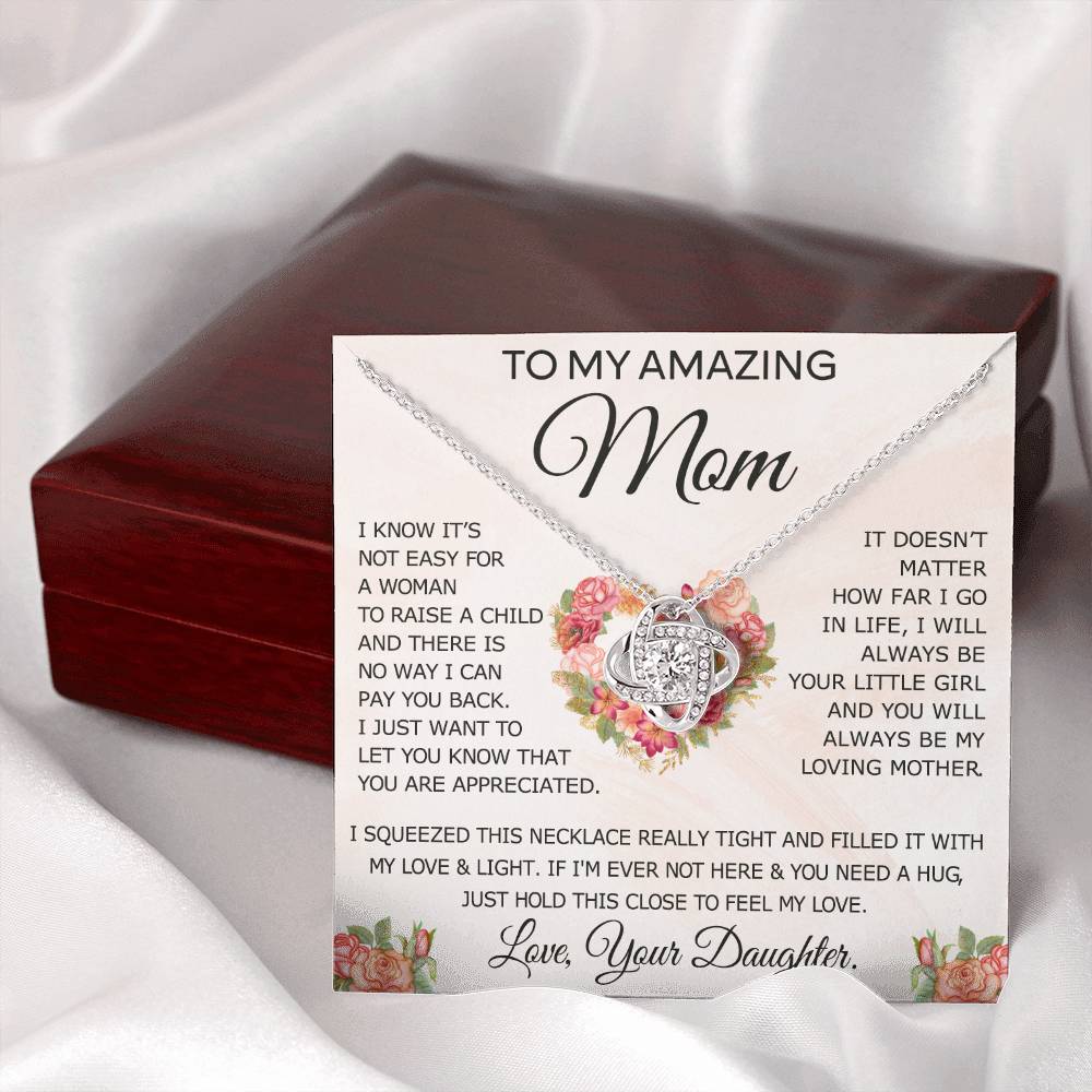 To My Amazing Mom Necklace From Daughter, Love Knot Necklace Gift For Mom, Mother Daughter Gift Necklace On Birthday Christmas Mothers Day, Jewelry Gift For Women With Message Card And Box For Her