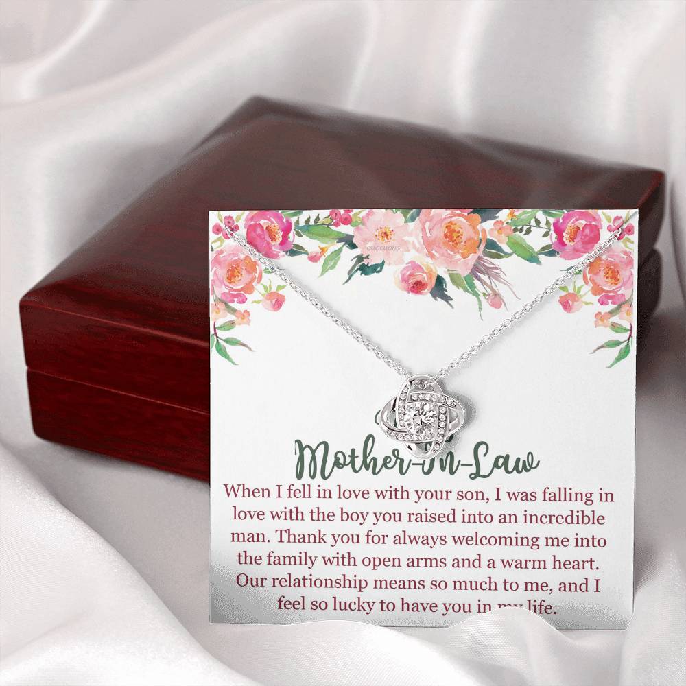 To My Mom In Law Necklace Pendant Gift From Son, Happy Mother's Day Love Knot Pendant For Mom On Birthday, Anniversary Necklace Gift Love With Your Son, Mother In Law Gift Necklace To Son In Law