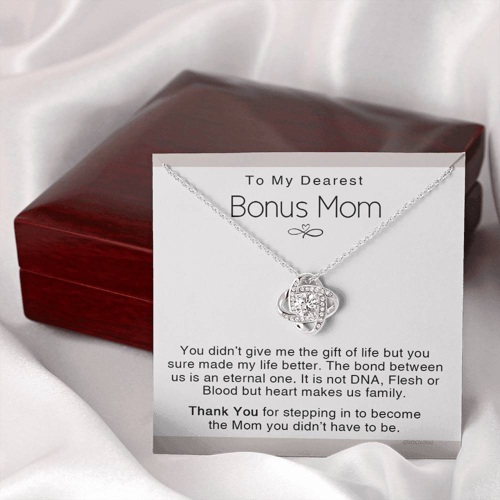 To My Dearest Bonus Mom Necklace From Bonus Daughter, Makes us Family Gift Necklace For Bonus Mom On Mother's Day, Birthday Gift Anniversary, Love Knot Pendant Gift For Bonus Mom, Dearest Mom