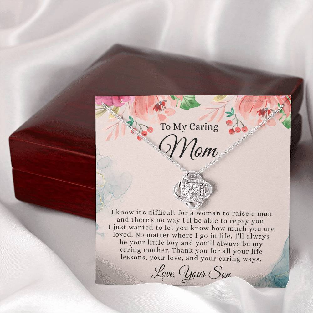 To My Caring Mom Necklace From Son, Love Knot Necklace Gift For Mom On Birthday Gift Anniversary Mother's Day Necklace For Mom, Caring Mom, New Mom Gift Necklace Gift For Her, Jewelry Gift For Women