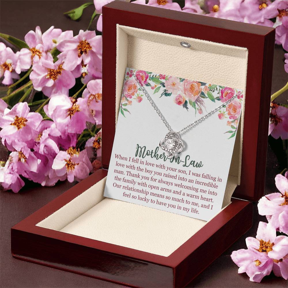To My Mom In Law Necklace Pendant Gift From Son, Happy Mother's Day Love Knot Pendant For Mom On Birthday, Anniversary Necklace Gift Love With Your Son, Mother In Law Gift Necklace To Son In Law
