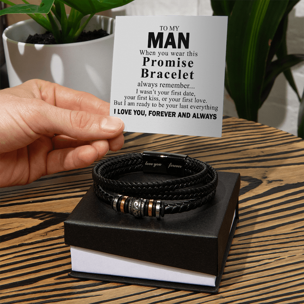 To My Man Bracelet With Box From Wife, Jewelry Gift For Mens, I Love You Forever Bracelets Gifts For Him Gift Card In My Massage Braided Leather Promise Bracelet On Anniversary, Christmas