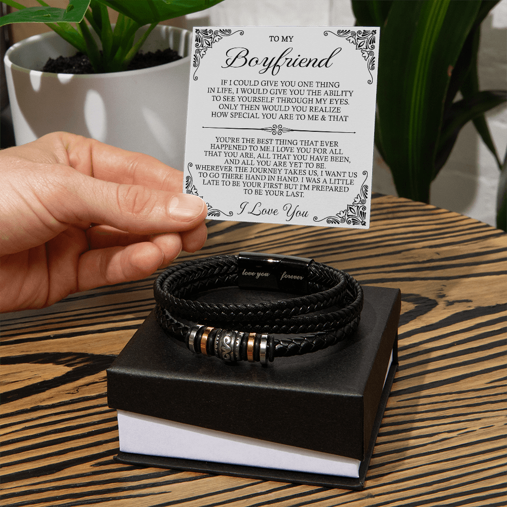 To My Man Bracelet With Box From Girlfriend, Girls Jewelry Gift For Mens, I Love You Forever Bracelets Gifts For Him Boyfriend Bracelets Gift Card In My Massage Braided Leather Promise Bracelet