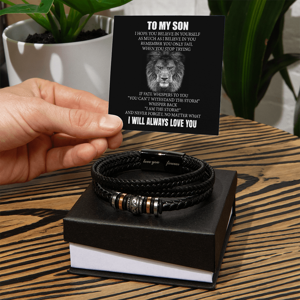 To My Son Bracelet From Dad, Love You Forever Bracelets Gifts For Him With Card In Box, Mens Leather Bracelet My Messages For Sons On Birthday, Anniversary,  Highschool, Grad, Graduation