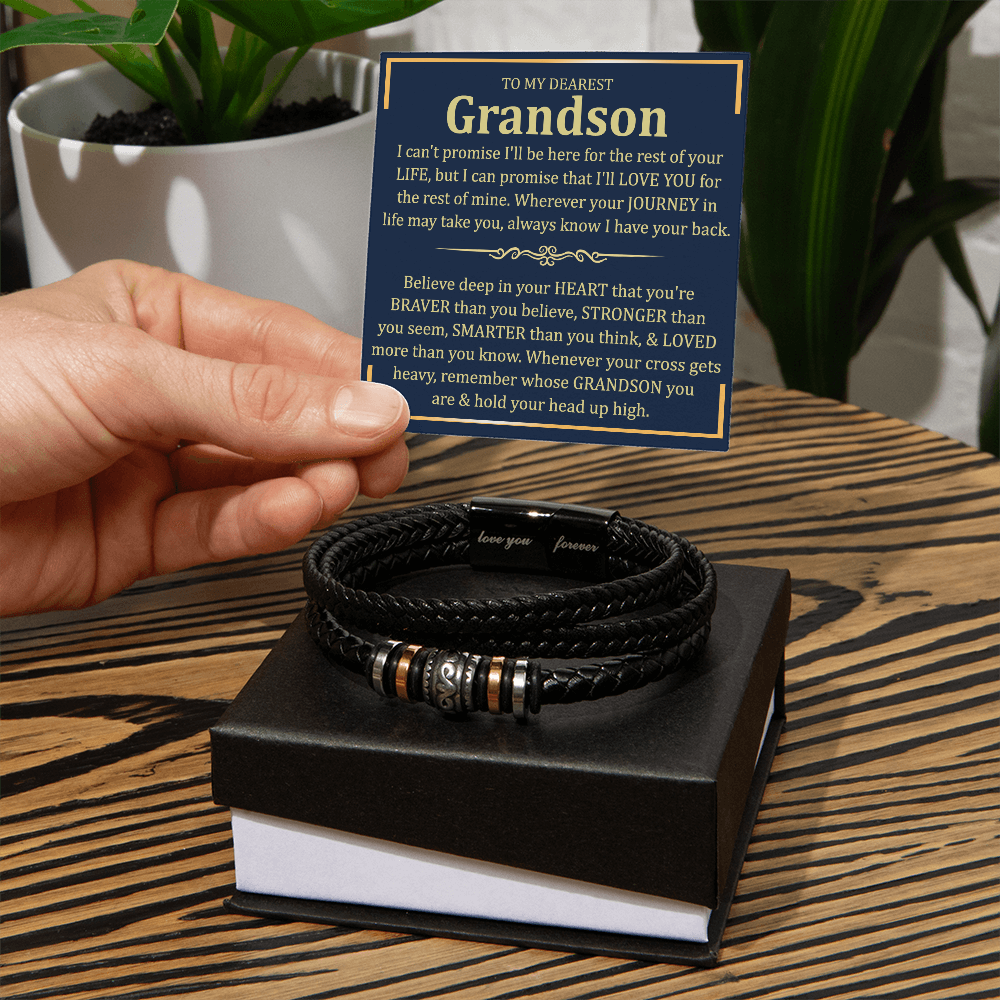 To My Dearest Grandson From Grandma, Braided Leather Bracelet Love You Forever Message, Thoughtful Bracelets Gift From Grandma With Messages Card And Box On Christmas, Graduation