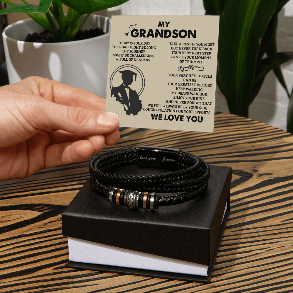To My Grandson From Grandma, Braided Leather Bracelet With Love You Forever Message, Thoughtful Bracelets Gift from Grandpa And Grandma with Messages Card And Box On Christmas, Graduation