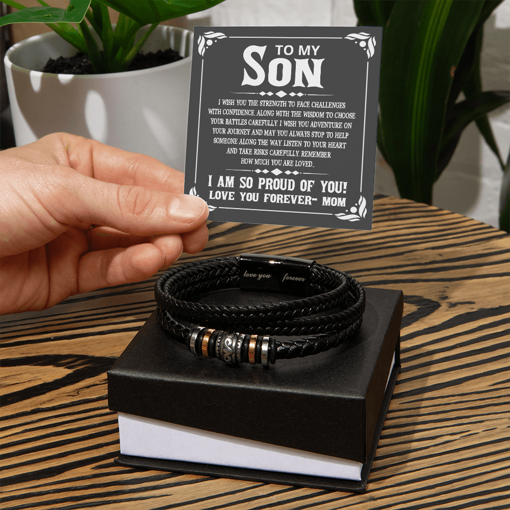 To My Son Bracelet From Mom Graduation, I Love You Forever Bracelets Gifts For Him With Card In Box, Mens Leather Bracelet Jewelry For Men On Birthday, Anniversary, Christmas, Grad