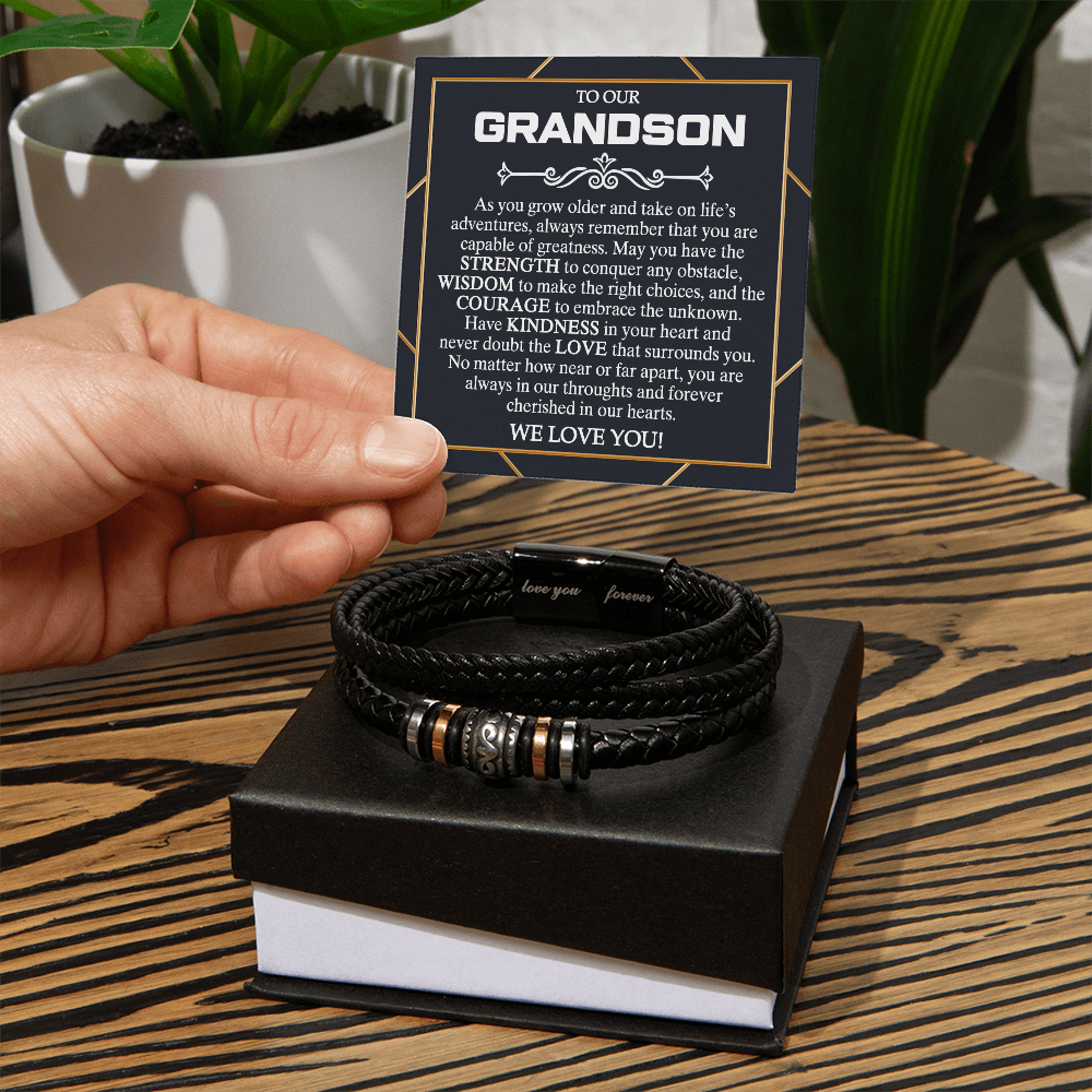 To My Grandson From Grandma, We Love You Braided Leather Bracelet Love You Forever Messages Card And Box, Thoughtful Bracelets Gift From Grandma On Christmas, Graduation